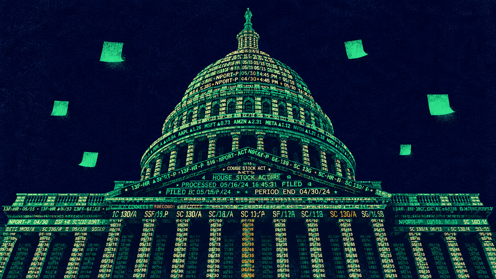 Illustration of the U.S. Capitol building constructed entirely from glowing rows of stock ticker symbols, filing names, and disclosure dates
