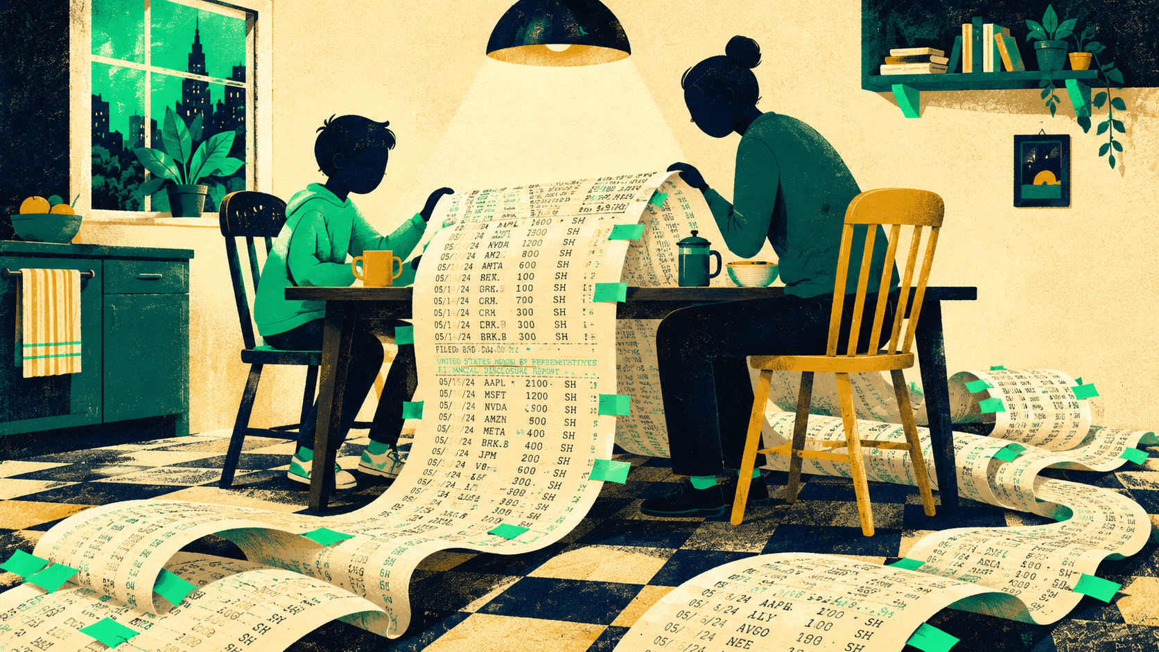 Illustration of a parent and teenager at a kitchen table unrolling a scroll of stock disclosures with mint-green Post-it tabs