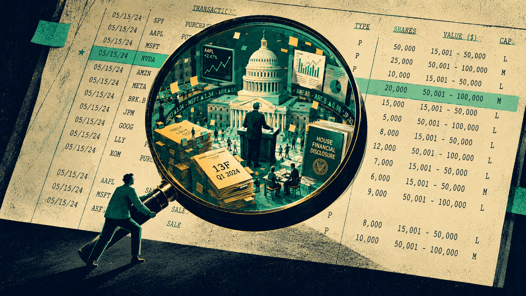 Illustration of a CPA holding a magnifying glass over a Periodic Transaction Report, revealing the Capitol scene of investors and filings inside