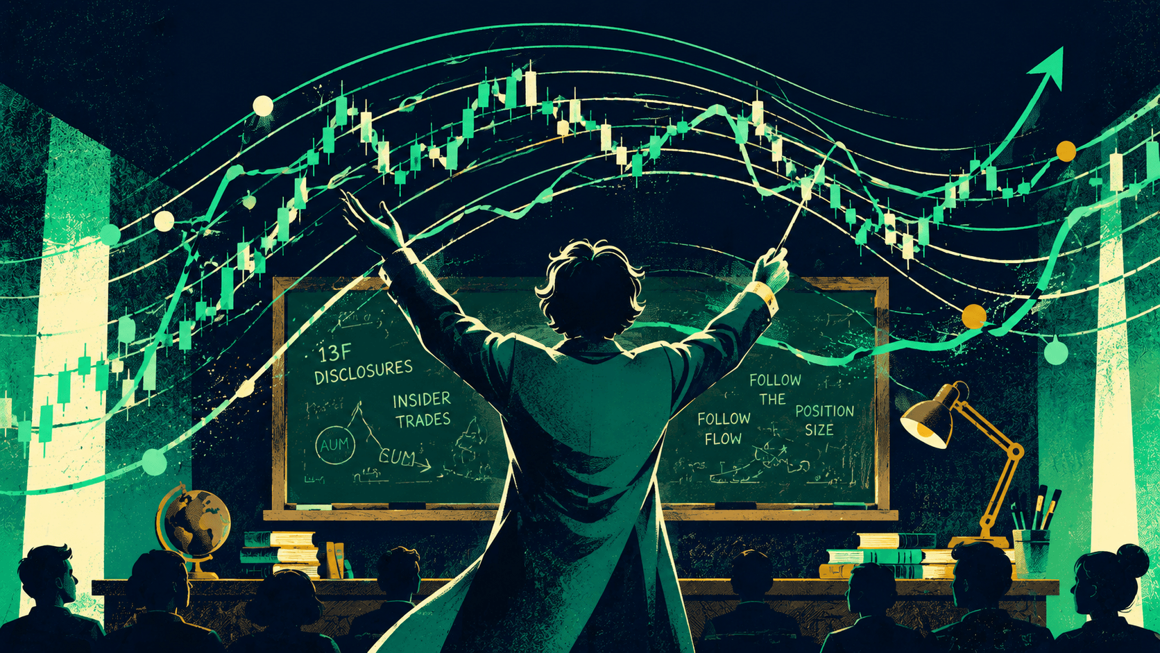 Illustration of a teacher conducting an orchestra of stock-chart lines like sheet music, with a chalkboard showing annotated 13F + insider-trade terms
